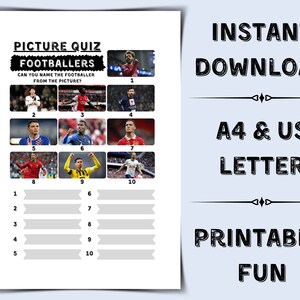 Printable Picture Quiz - Famous Footballers | Pub Quiz Picture Round | Football Trivia Quiz | Name the Footballers Quiz | Quiz With Pictures