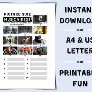 Music Video Picture Quiz: Printable Trivia Game (Instant Download)