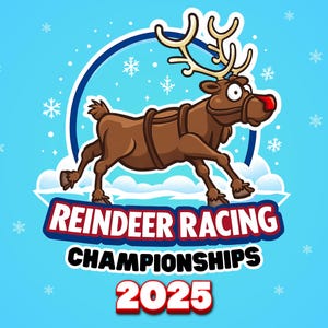 Könnte beinhalten: Eine Cartoon-Illustration eines Rentiers mit Geschirr, vor einem hellblauen Hintergrund mit Schneeflocken. Der Text "REINDEER RACING CHAMPIONSHIPS 2025" wird unter dem Rentier in einem rot-weißen Design angezeigt.