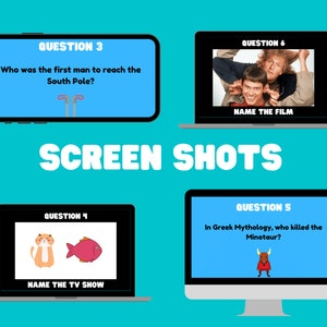 May include: Four screenshots of a trivia game on a computer screen. The first screenshot asks "Who was the first man to reach the South Pole?" The second screenshot asks "Name the film" and shows a scene from the movie Dumb and Dumber. The third screenshot asks "Name the TV show" and shows a cartoon cat and fish. The fourth screenshot asks "In Greek Mythology, who killed the Minotaur?" and shows a cartoon image of Theseus.