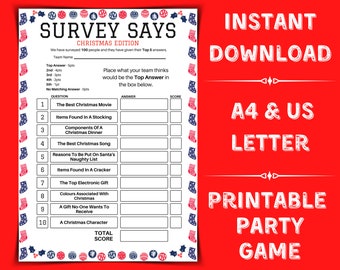 May include: A printable Christmas party game called "Survey Says" with a red background and white text. The game includes 10 questions about Christmas, with space for answers and scores.