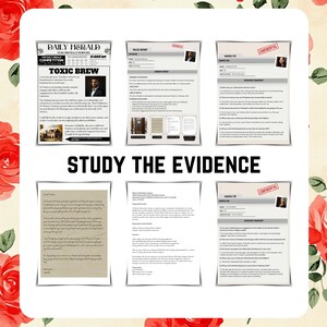 May include: A collection of documents and images related to a fictional murder mystery. The documents include a newspaper article titled "Toxic Brew", a letter, and police reports. The images include a photo of a man and a photo of a woman.