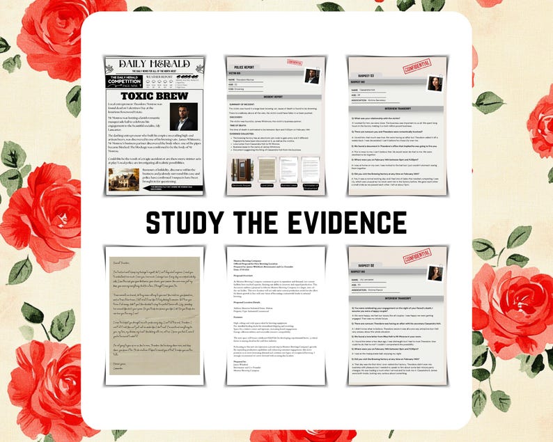 May include: A collection of documents and images related to a fictional murder mystery. The documents include a newspaper article titled "Toxic Brew", a letter, and police reports. The images include a photo of a man and a photo of a woman.