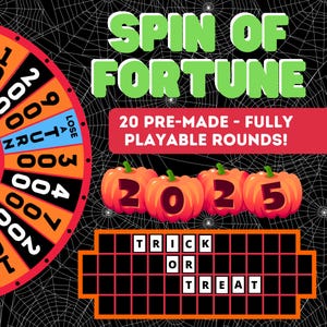 May include: A Halloween-themed graphic with a "Spin of Fortune" wheel, pumpkins displaying the year "2025", and a "Trick or Treat" game board. The background features a spiderweb design. The text indicates 20 pre-made, fully playable rounds.