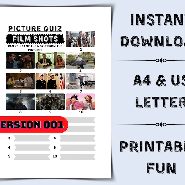 Printable Movie Shots Picture Quiz | Pub Quiz Picture Round | Film Shots Trivia | Guess the Movie | Ready Made Quiz - Instant Download