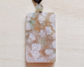 Unique Madagascar Flower Agate NecklaceNatural Cherry Blossom AgateSakura AgateFlower Chalcedony PendantRectangle Pendant
