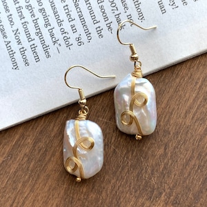 Baroque Pearl Earrings/14K Gold Plated/Iridescent Freshwater Baroque Pearl Earrings/Handmade Wire Wrapped Original Creation Earrings /Gift