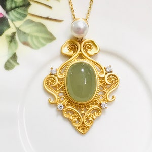 High Quality Natural Jasper Necklace/925 Sterling Silver Plated 18K Gold Necklace/Vintage Necklace/Victorian Style Jewelry/Anniversary Gift
