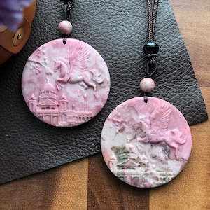 Natural Rhodonite Necklace/Unique Pink Rhodonite Necklace/Rhodonite Hand-Carved Castle & Flying Unicorn Necklace/Healing Stones