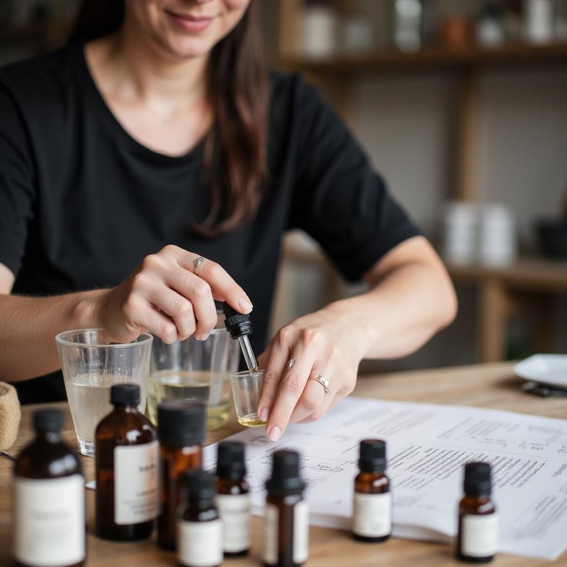 May include: A person using a dropper to measure liquid into a small glass. Several amber glass bottles with black caps are on the table, along with a glass of water and a sheet of paper. The scene suggests essential oil blending or a similar activity.