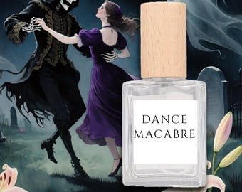 May include: A clear glass perfume bottle with a light wood cap. The label reads "DANCE MACABRE" in black text. The background features a gothic illustration of a dancing skeleton and woman in a graveyard setting.