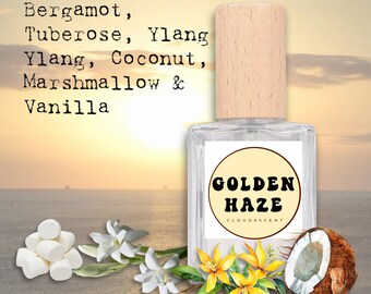 Parfum d'été floral Golden Haze à la noix de coco, eau de parfum, parfum floral tropical sucré de plage, parfums de plage, vaporisateur de voyage pour les vacances