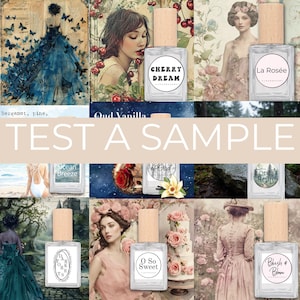 Peut inclure: Un collage de flacons de parfum avec des bouchons en bois et des étiquettes. Les étiquettes indiquent "Cherry Dream", "La Rosée", "Ocean Breeze", "Forest Rain", "O So Sweet" et "Blush & Bloom". Le texte "TEST A SAMPLE" est également visible.