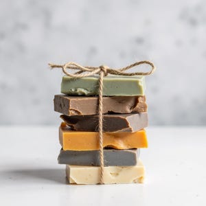 Puede incluir: Una pila de siete barras rectangulares de jabón artesanal en varios colores, incluyendo verde, marrón, naranja, gris y crema. Los jabones están atados con hilo, creando una estética rústica y natural. Los jabones están apilados uno encima del otro.