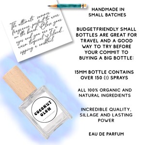 May include: A clear glass perfume bottle with a wooden cap, labeled "COCONUT GLOW." The image includes text about the fragrance being perfect for summer and travel-friendly. The bottle contains 15mm of perfume and is made with organic ingredients.