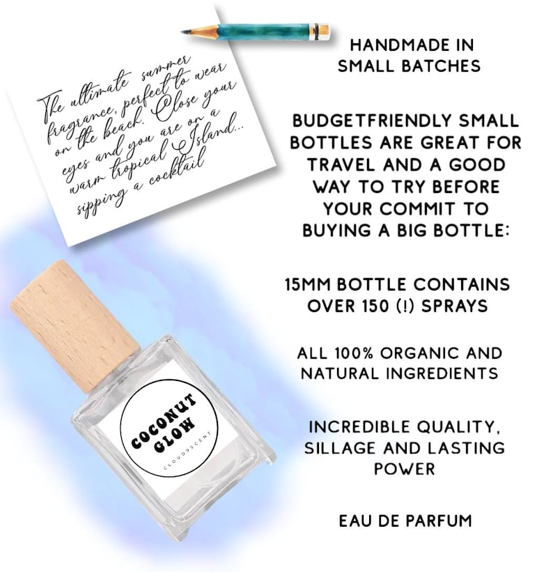 May include: A clear glass perfume bottle with a wooden cap, labeled "COCONUT GLOW." The image includes text about the fragrance being perfect for summer and travel-friendly. The bottle contains 15mm of perfume and is made with organic ingredients.