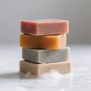 Puede incluir: Una pila de cuatro jabones cuadrados en tonos rosa, amarillo, gris y beige. Los jabones están apilados uno encima del otro, con el jabón inferior parcialmente sumergido en espuma blanca. Los jabones parecen hechos a mano.