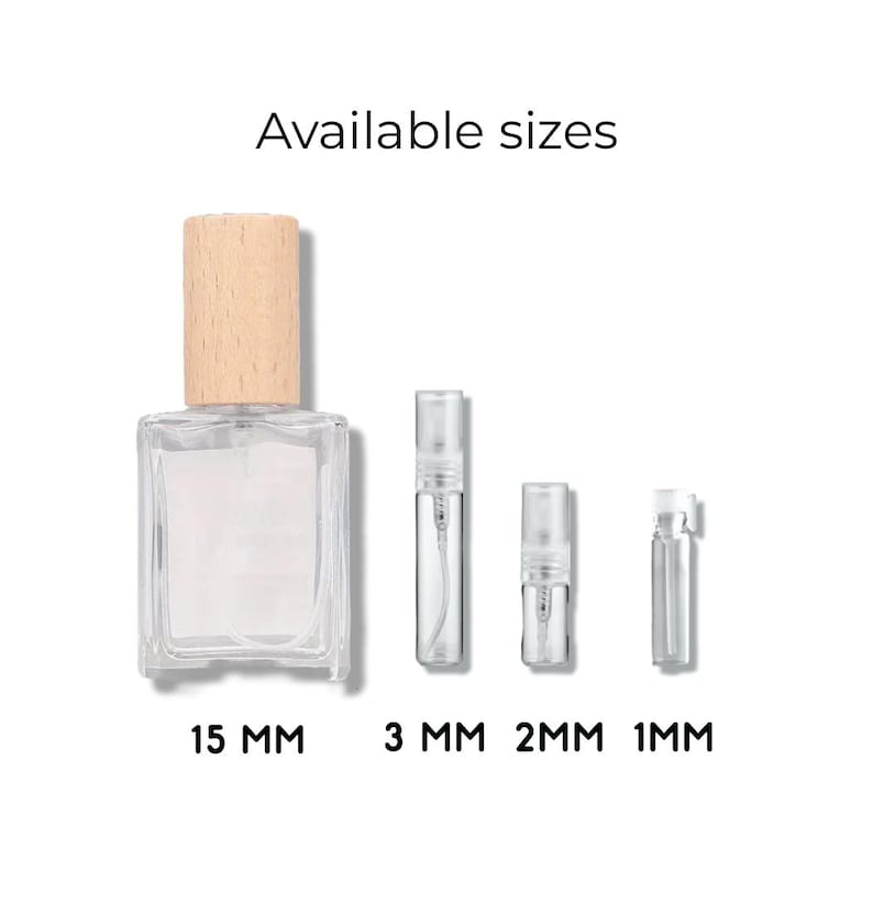 May include: Clear glass perfume bottles with wooden and plastic spray tops. The image shows a variety of sizes, including 15 mm, 3 mm, 2 mm, and 1 mm. The text "Available sizes" is at the top of the image.