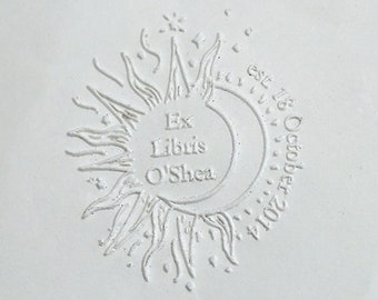 Ex Libris Embosser with Moon and Sun, Custom Library Embosser stamp, Book Embosser, Envelopes embosser, hand held embosser,Embosser Gift Set