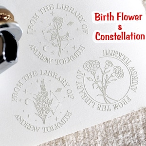 Embosser di fiori di nascita personalizzato,timbro embosser personalizzato, embosser di libri floreali e costellazioni,regalo personalizzato per gli amanti dei libri, embosser di fiori di campo