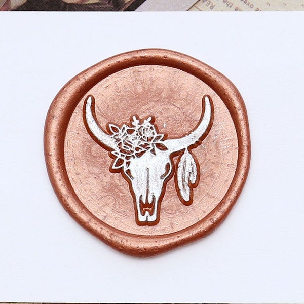 Cow skull  flower steer skull head wax seal stamp custom, Wedding Wax seal Stamp kit, wedding envelope seal, Wax seal stamp Gift set