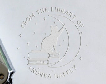 From the library of embosser, Moon and Stars with a Cat Book Embosser,Custom Embosser stamp,Personalized Seal Embosser, Embosser Gift Set