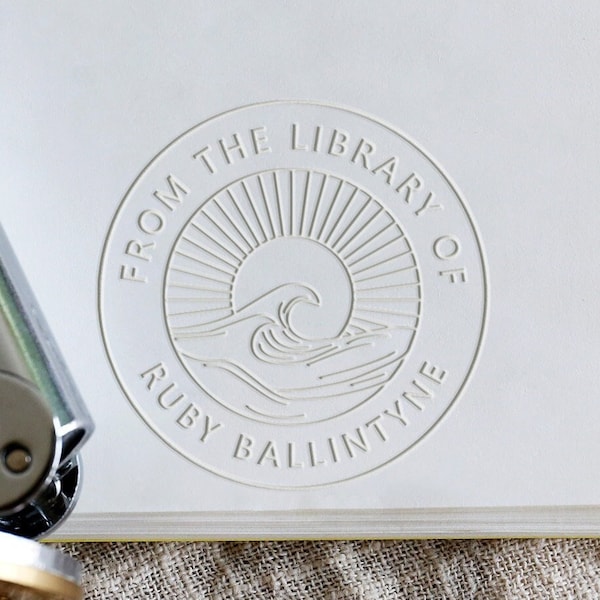 Custom Library embosser with Great Wave, Sun Waves Embosser, Personalized Library stamp, Embosser Gift for book lover,hand held embosser