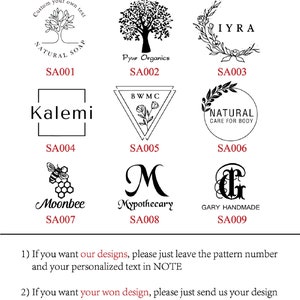 May include: A design pattern sheet featuring nine different logo options. The logos include tree, floral, and geometric designs, along with text such as "Natural Soap", "Pyur Organics", and "Moonbee". Instructions are provided for customization.