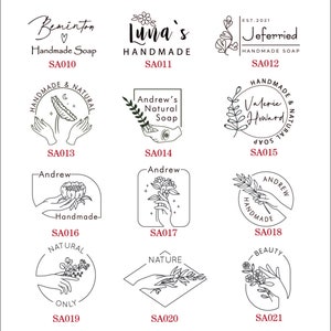 May include: A collection of black and white handmade soap logos. The logos feature floral designs, hands holding plants, and text such as "Beminton Handmade Soap", "Luma's Handmade", and "Andrew's Natural Soap".