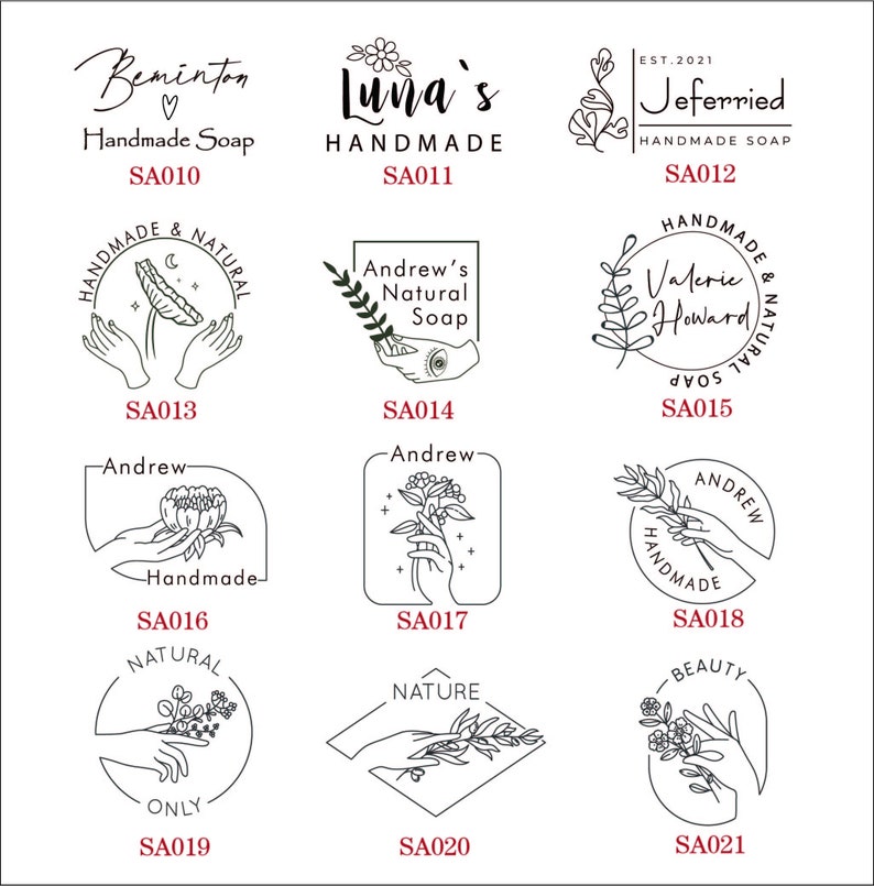 May include: A collection of black and white handmade soap logos. The logos feature floral designs, hands holding plants, and text such as "Beminton Handmade Soap", "Luma's Handmade", and "Andrew's Natural Soap".