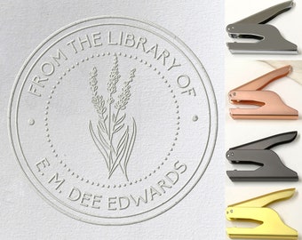 Personalisierter Buchpräger, Flora-Library-Stempel / Buchliebhabergeschenk, bilden den Bibliothekspräger, personalisierter Prägedrucker, Handprägedrucker