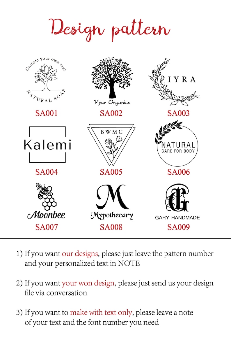 May include: A graphic design pattern guide with nine different logo designs. The designs include a tree, a wreath, a triangle, a circle, a bee, a letter M, and a letter G. The designs are labeled with the numbers SA001 through SA009.