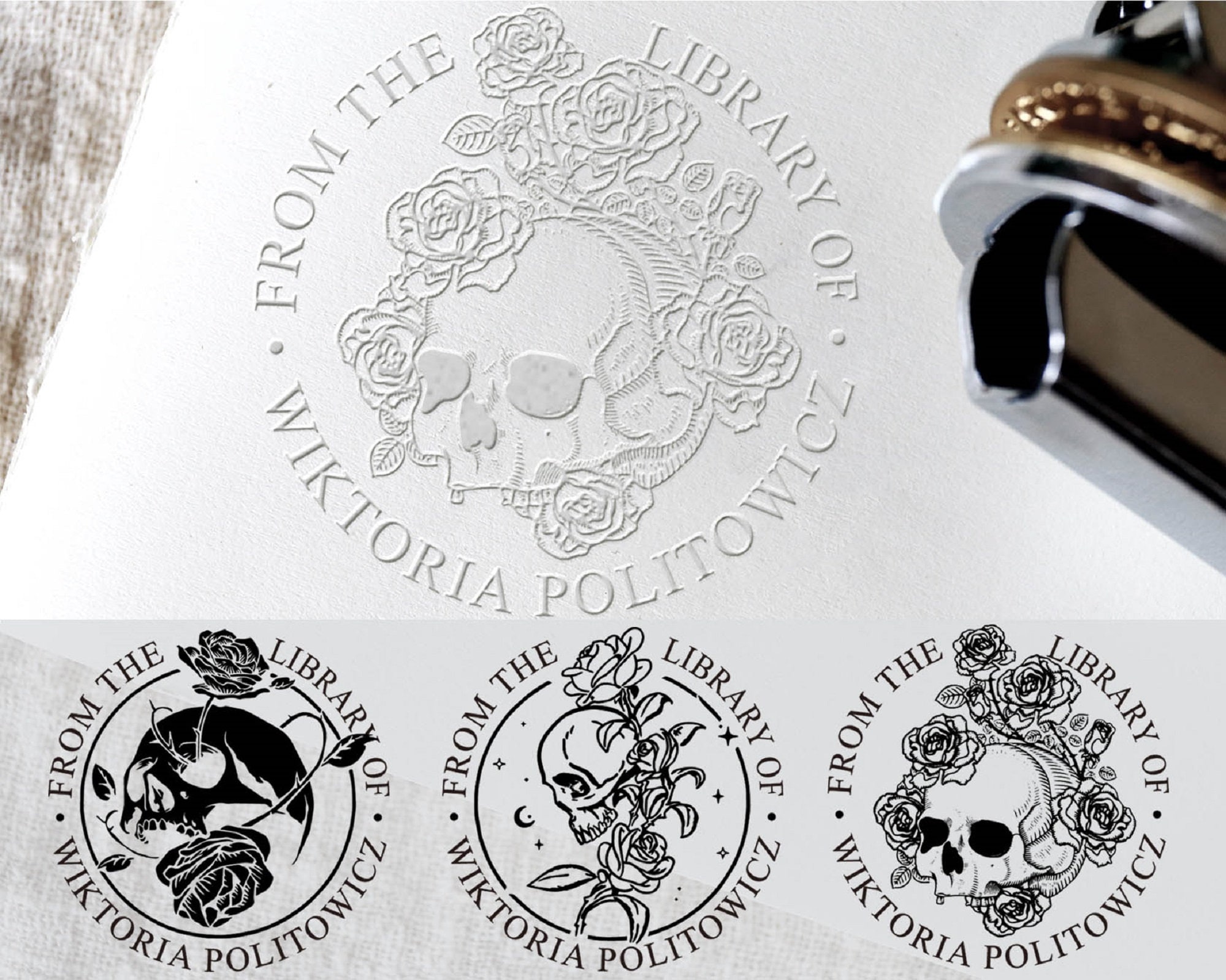 Custom Skull Skeleton Embosser, Personalized library stamp/book lover gift, Form the Library Embosser, Personalized embosser,  Book embosser