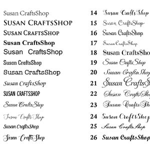 May include: A collection of 26 different variations of the text "Susan CraftsShop" written in various fonts and styles. The text is written in black ink on a white background.