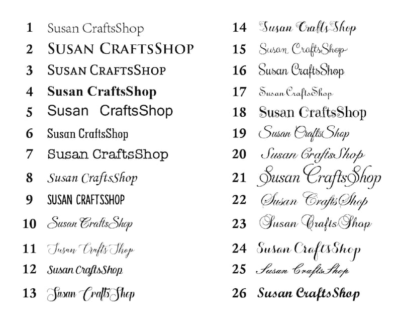 May include: A collection of 26 different variations of the text "Susan CraftsShop" written in various fonts and styles. The text is written in black ink on a white background.