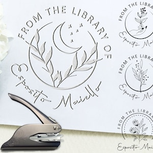 Custom Library Stamp, Moon Embosser,Book Embosser,Library Embosser,Personalized embosser, Floral Books embosser, Graduation Gift, Book lover