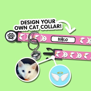 Collar de gato personalizado / Collar de nombre y número de gato / Collar ajustable de ilustración de gato personalizado / Collar de gato personalizado