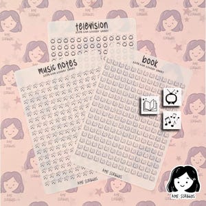 Book, Music, TV Icons CLEAR Mini Planner Stickers - Cute Functional Sticker Sheet for Journal, Hobonichi, BuJo