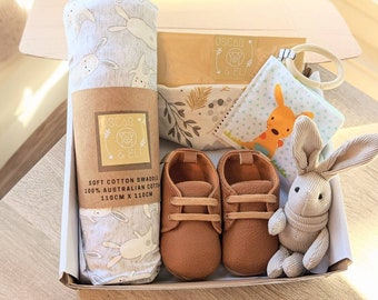 Newborn baby gift hamper. Perfect for a Baby Shower gift. Vegan leather baby shoes. New mum. Affordable Unisex baby gift. Free delivery