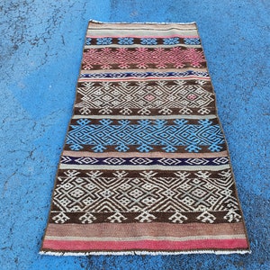 Small  blue kilim rug, blue kilim mat, bath kilim, Welcome Rug, Vintage small Rug, door mat Rug, entry way Rug, 1&#39;8&#39;&#39; ft x 3&#39;8&#39;&#39; ft