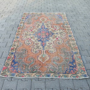 Turkish rug, Area Rug, Vintage rug, Orange rug, Nomad rug, Authentic rug, Oriental rug, ushak Rug, Anatolian Rug, 4&#39;3&#39;&#39; feet x 7&#39;2&#39;&#39; feet