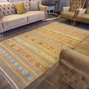 Wool kilim Rug, Orange kilim, Kilim Rug, Bohemian Rug, decor rug, turkish Rug, distressed Rug, Nursery rug, Anatolian Rug, 5&#39;3 ft x 9&#39;1 ft