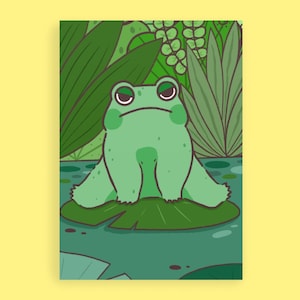 May include: A green frog with a grumpy expression sits on a green lily pad in a pond surrounded by green foliage.