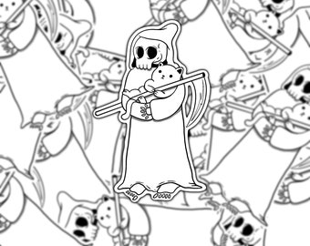 Cute Grim Reaper Sticker, Halloween Cat Stickers, Laptop Sticker, Water Bottle Stickers