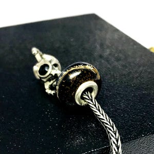 May include: A silver charm with a skull design and a black gem, connected to a dark brown and gold bead. The bead is attached to a silver braided chain. The charm and bead are on a black surface.
