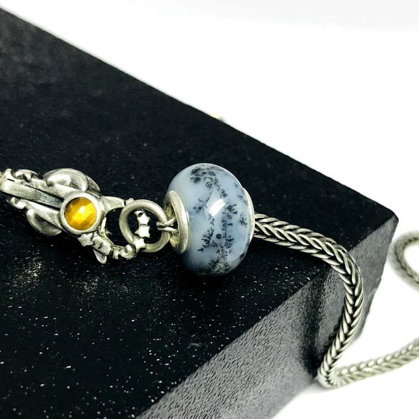 Perline europee in argento con foro grande liscio, 14 x 8 mm, adatte a tutti i tipi di braccialetti e gioielli, di qualità SUPER, in pietra preziosa dendrite traslucida naturale.