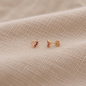 14K Solid Gold Natural Red Ruby Heart Stud Earrings, Dainty Heart Earrings, Cute Gold Studs, Gift for Her, Birthday Gift