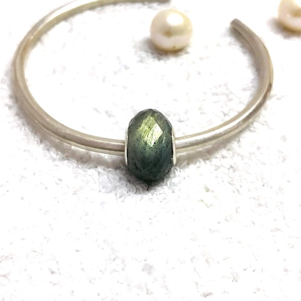 Natural Green Flashy Labradorite 925 Silver Core Big Hole European Beads Fit In All Type Popular Bracelets Jewelry Making Beads Gift For