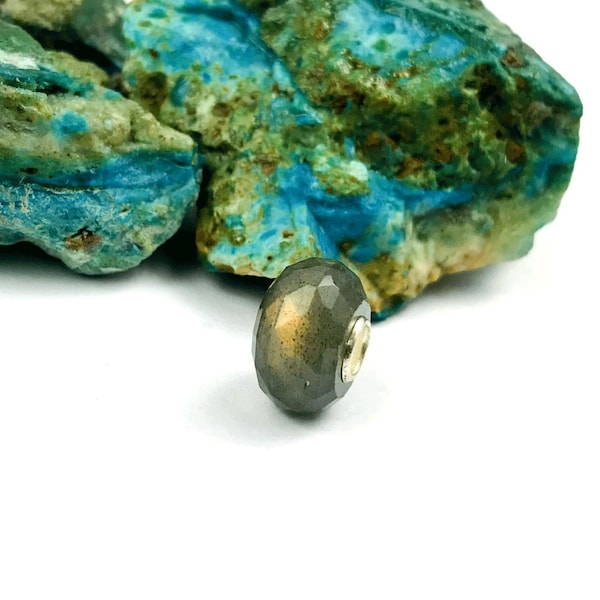 Natural Golden Flashy Labradorite Gemstone Large Hole Bead Rose Cut With Full Silver Fit All Kind European Bracelet Jewelry Making Beads