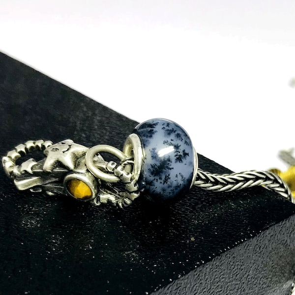 Perline europee lisce con foro grande in pietra preziosa traslucida naturale Dendrite Opale, adatte a Trollbeads, Pandora Ohm e tutti i tipi di braccialetti.